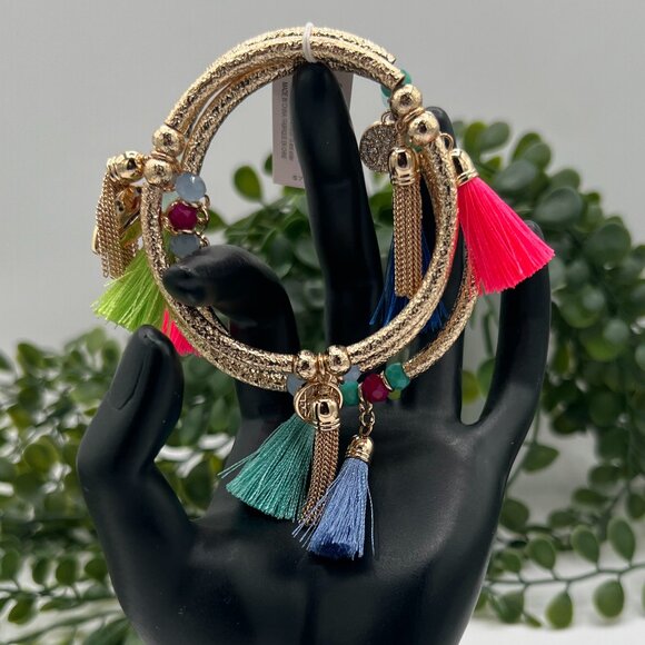 Lilly Pulitzer Gold Tone Triple Strand Stretch Tassel and Charm Bracelet - Picture 2 of 5